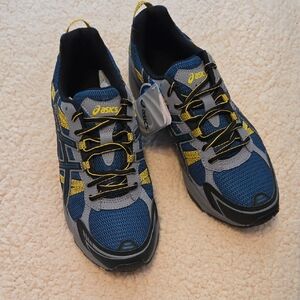 Mens sz 12 ASICS Gel Venture 4 athletic shoes in Blue/Black/Yellow design. NWT